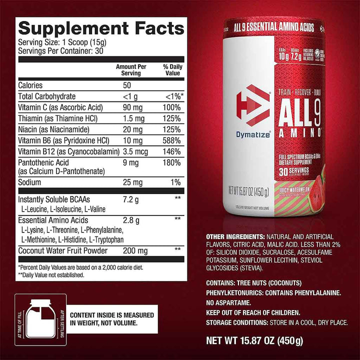 Dymatize All 9 Amino Full Spectrum BCAAs & EAAs Sports Supplement For Recovery, Juicy Watermelon 450g - Easy Pharmacy LLC