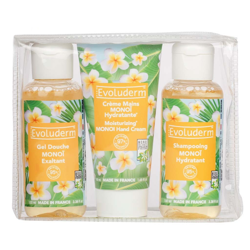 Evoluderm Travel Gift Box, Pack of Stimulating Monoi Shower Gel 100ml, Moisturizing Monoi Hand cream 50ml, Hydrating Monoi Shampoo 100ml - Easy Pharmacy LLC