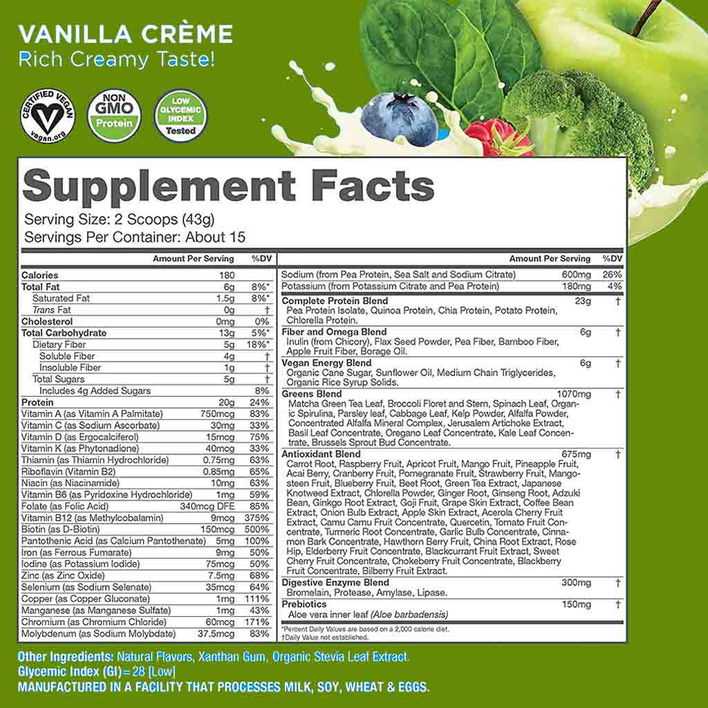 Naturade VeganSmart Protein & Greens Vegan Shake Vanilla Crème All in One Powder 15 Servings, 645g - Easy Pharmacy LLC