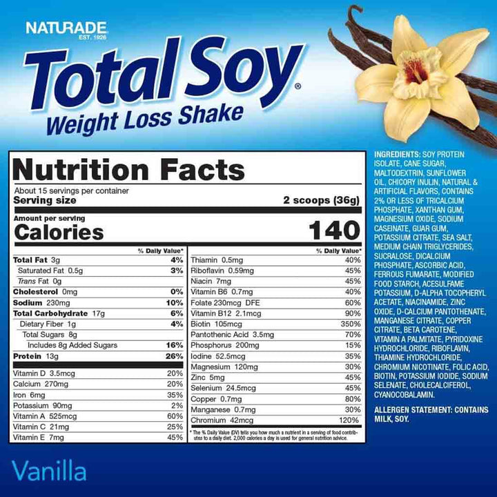 Naturade Total Soy Weight Loss Shake Vanilla Flavor, 15 Servings - 540g - Easy Pharmacy LLC