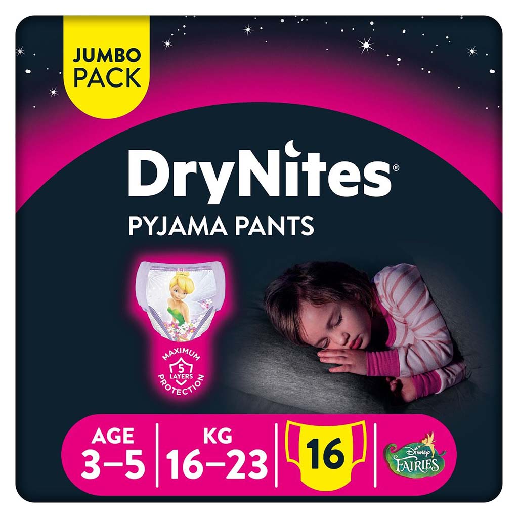 Huggies DryNites Pyjama Pants, 3-5 Years, 16-23Kg, Bed Wetting Diapers For Girls, Jumbo Pack of 16's - Easy Pharmacy LLC