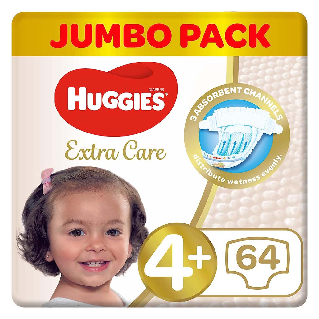 Huggies Extra Care Baby Diapers, Size 4+, 10-16Kg, Pack of 64's - Easy Pharmacy LLC