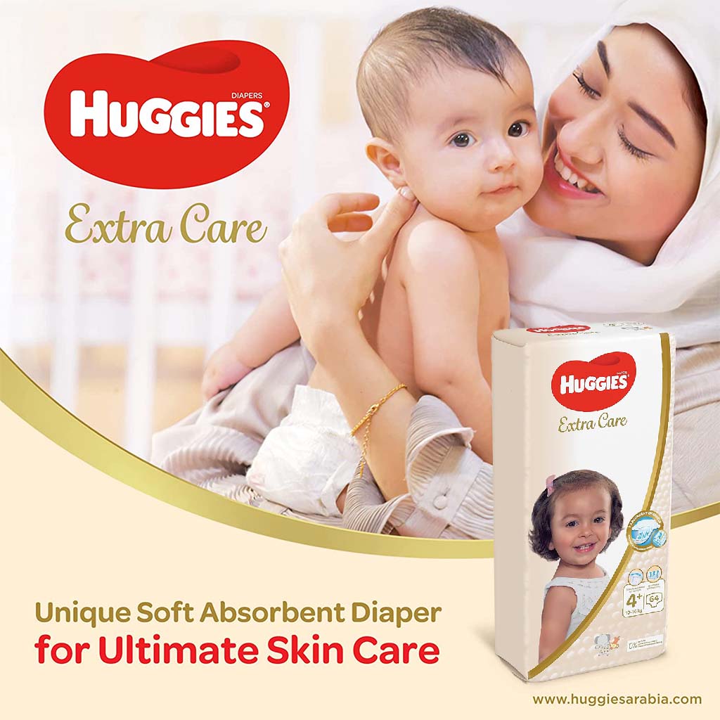 Huggies Extra Care Baby Diapers, Size 4+, 10-16Kg, Pack of 64's - Easy Pharmacy LLC