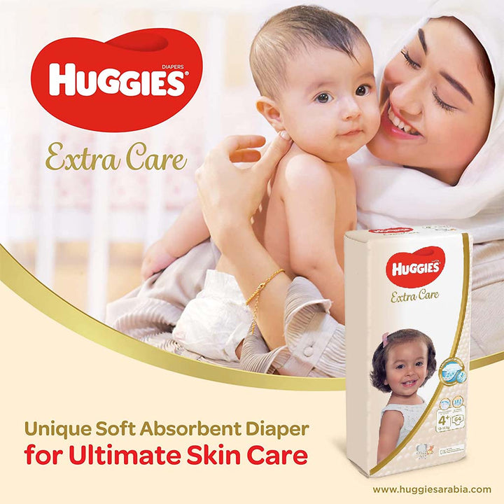 Huggies Extra Care Baby Diapers, Size 4+, 10-16Kg, Pack of 64's - Easy Pharmacy LLC