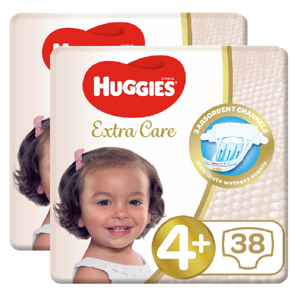 Huggies Extra Care Baby Diapers, Size 4+, 10-16Kg, Promo Pack of 2 x 38's, Special Price 35% Off - Easy Pharmacy LLC