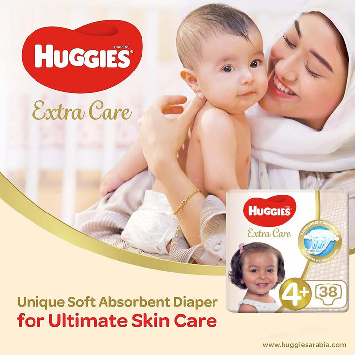 Huggies Extra Care Baby Diapers, Size 4+, 10-16Kg, Promo Pack of 2 x 38's, Special Price 35% Off - Easy Pharmacy LLC