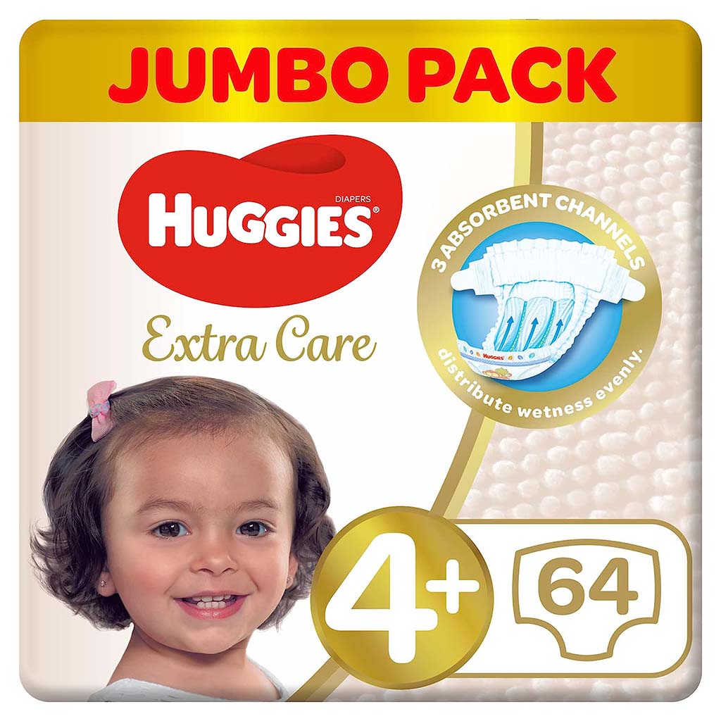 Huggies Extra Care Baby Diapers, Size 4+, 10-16Kg, Pack of 64's - Special Price - Easy Pharmacy LLC