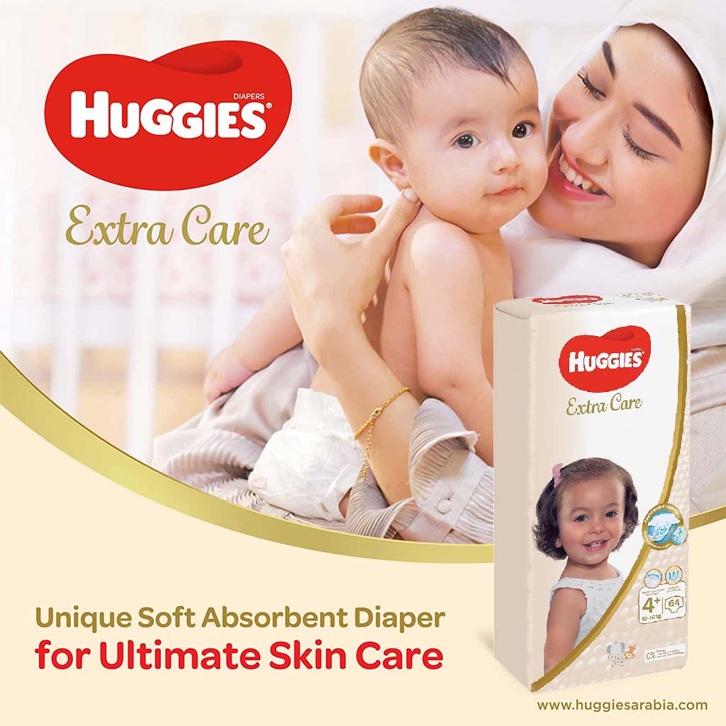 Huggies Extra Care Baby Diapers, Size 4+, 10-16Kg, Pack of 64's - Special Price - Easy Pharmacy LLC