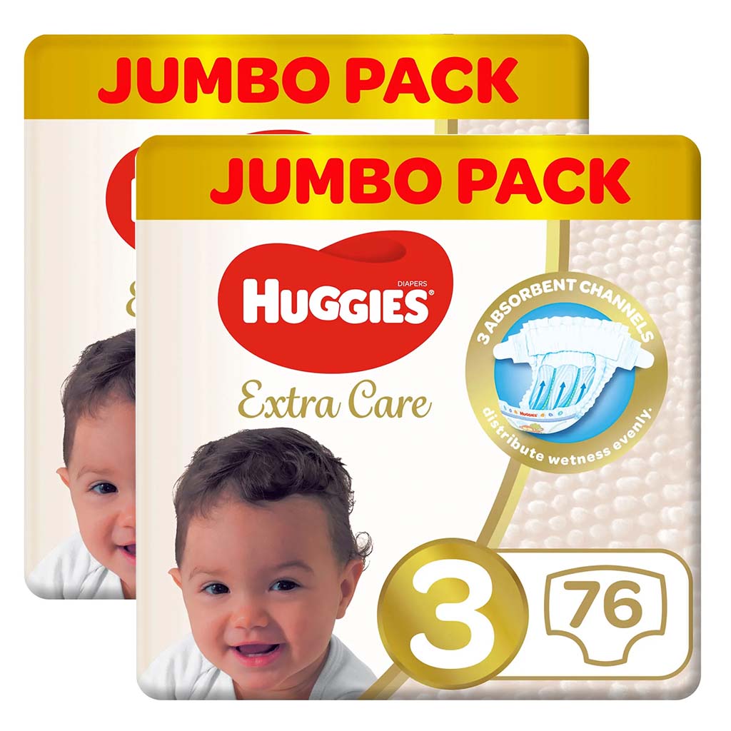 Huggies Extra Care Baby Diapers, Size 3, For 4-9Kg, Promo Jumbo Pack of 2 x 76's - Easy Pharmacy LLC