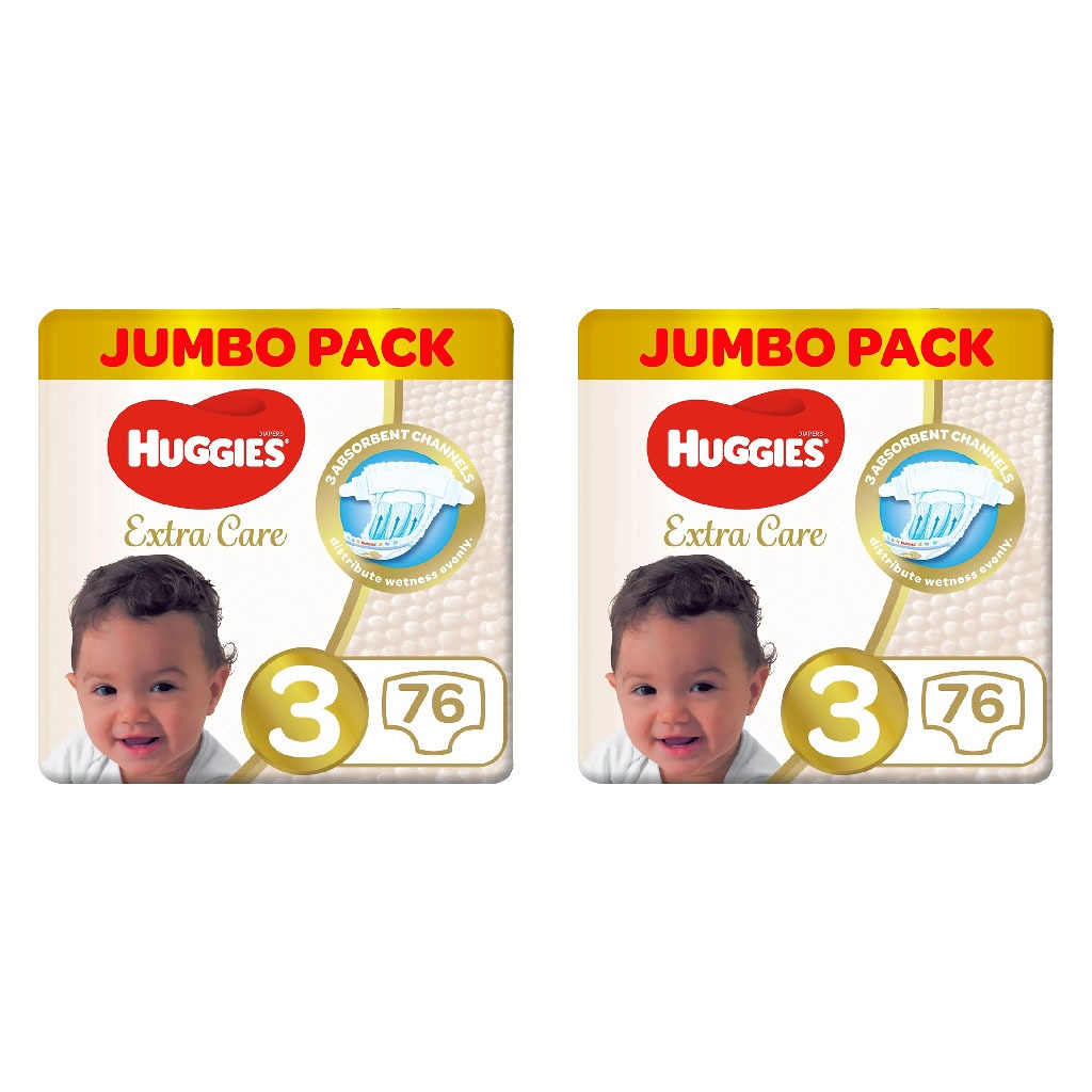 Huggies Extra Care Baby Diapers, Size 3, For 4-9Kg, Promo Jumbo Pack of 2 x 76's - Easy Pharmacy LLC