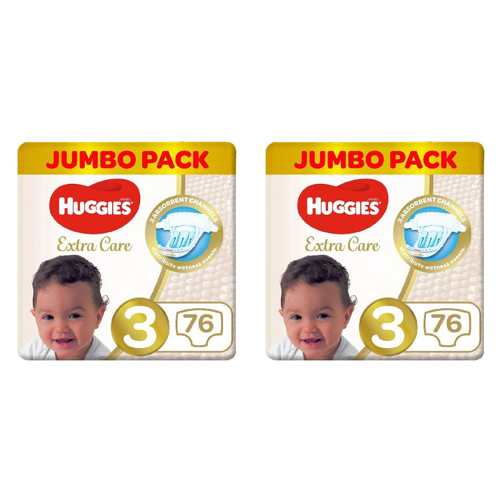 Huggies Extra Care Baby Diapers, Size 3, For 4-9Kg, Promo Jumbo Pack of 2 x 76's - Easy Pharmacy LLC
