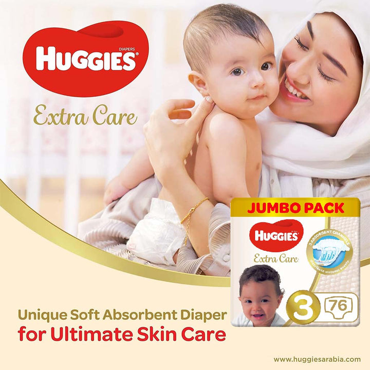 Huggies Extra Care Baby Diapers, Size 3, For 4-9Kg, Promo Jumbo Pack of 2 x 76's - Easy Pharmacy LLC