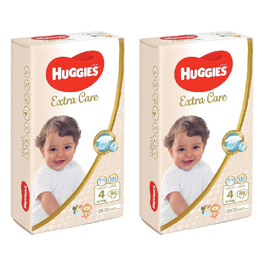 Huggies Extra Care Baby Diapers, Size 4, For 8-14Kg, Promo Jumbo Pack of 2 x 68's - Easy Pharmacy LLC