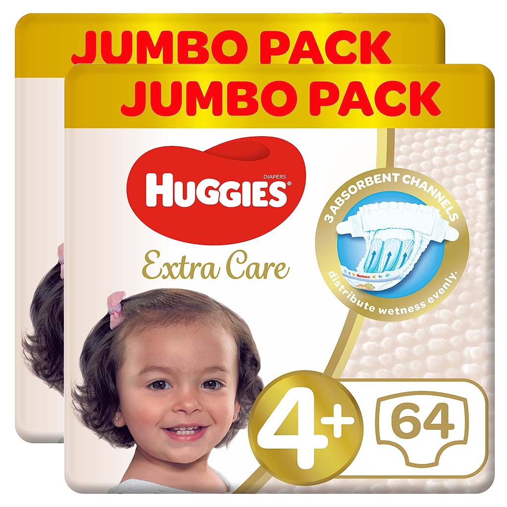 Huggies Extra Care Baby Diapers, Size 4+, For 10-16Kg, Promo Jumbo Pack of 2 x 64's - Easy Pharmacy LLC