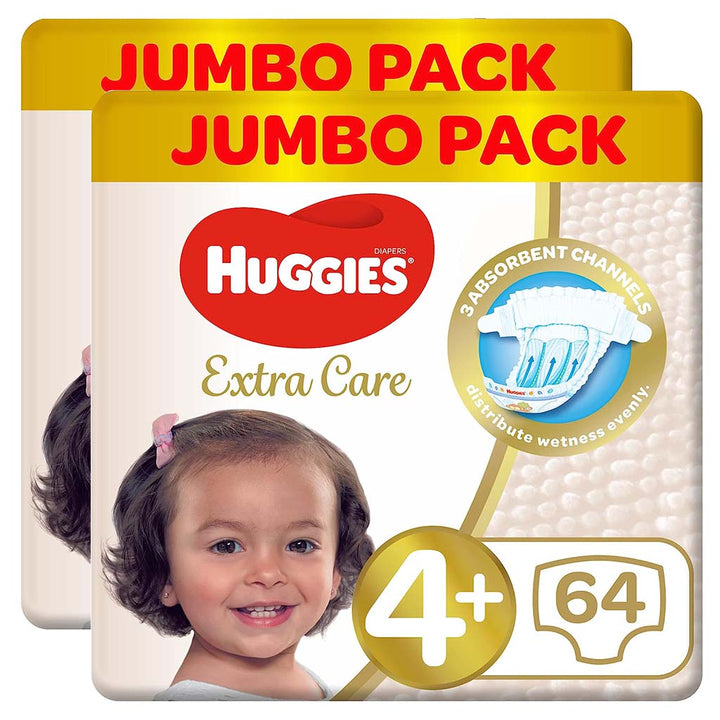 Huggies Extra Care Baby Diapers, Size 4+, For 10-16Kg, Promo Jumbo Pack of 2 x 64's - Easy Pharmacy LLC