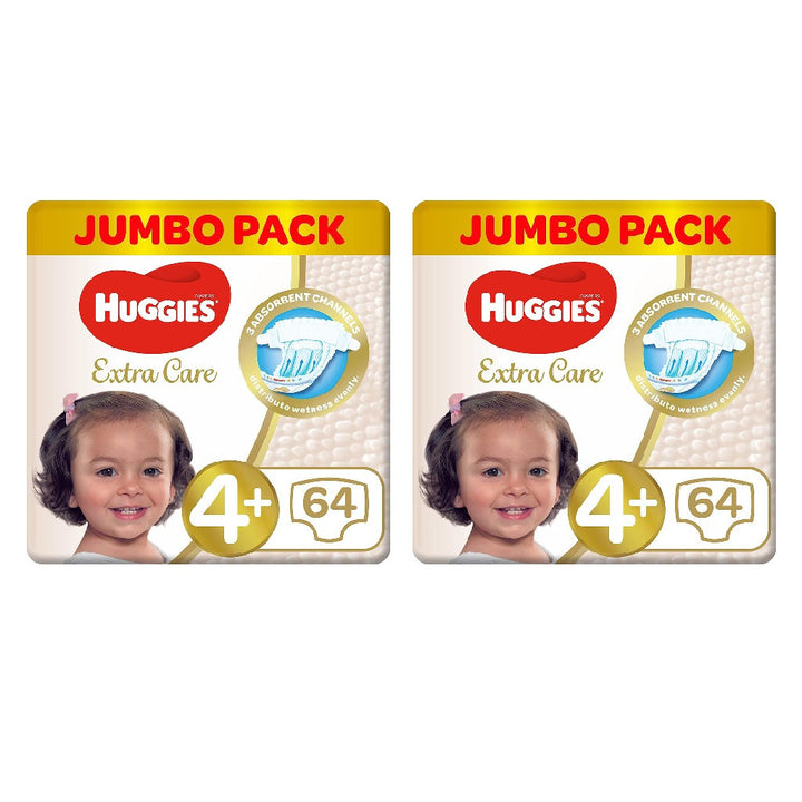 Huggies Extra Care Baby Diapers, Size 4+, For 10-16Kg, Promo Jumbo Pack of 2 x 64's - Easy Pharmacy LLC