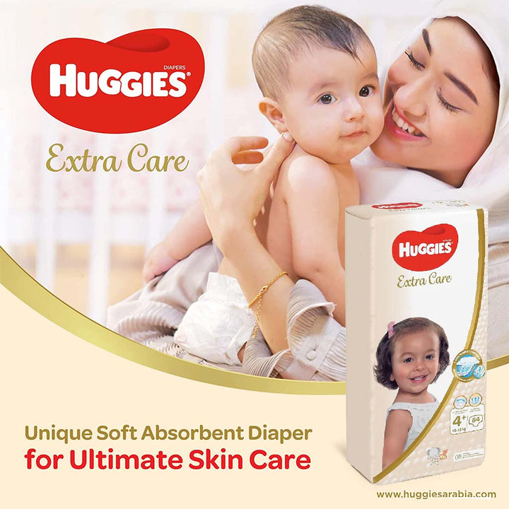 Huggies Extra Care Baby Diapers, Size 4+, For 10-16Kg, Promo Jumbo Pack of 2 x 64's - Easy Pharmacy LLC