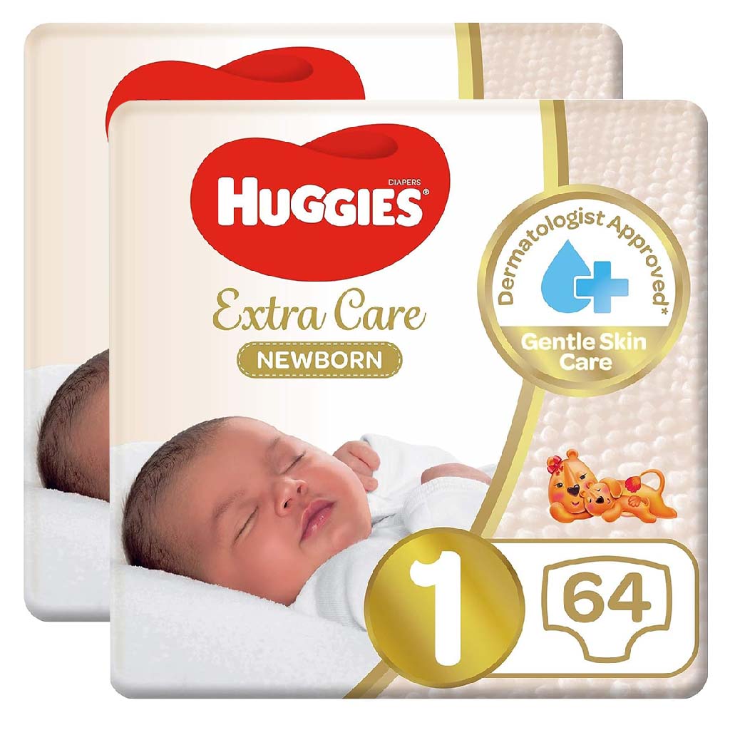Huggies Extra Care Newborn Diapers, Size 1, 1-5Kg, Promo Jumbo Pack of 2 x 64's - Easy Pharmacy LLC