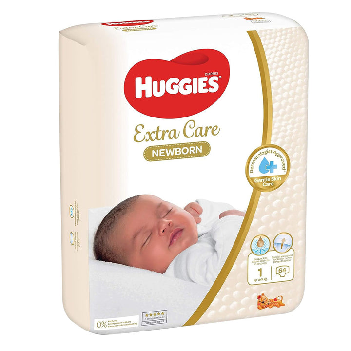 Huggies Extra Care Newborn Diapers, Size 1, 1-5Kg, Promo Jumbo Pack of 2 x 64's - Easy Pharmacy LLC