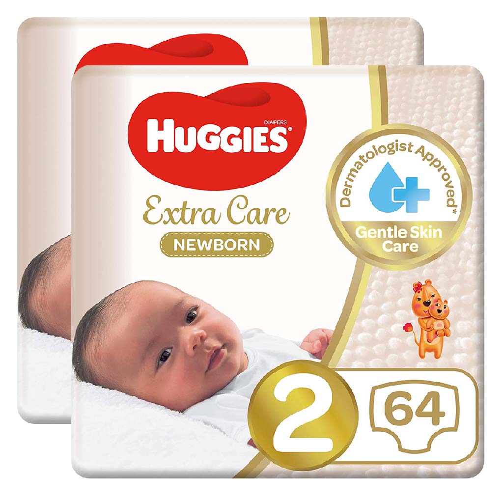 Huggies Extra Care Newborn Diapers, Size 2, 4-6Kg, Promo Jumbo Pack of 2 x 64's - Easy Pharmacy LLC