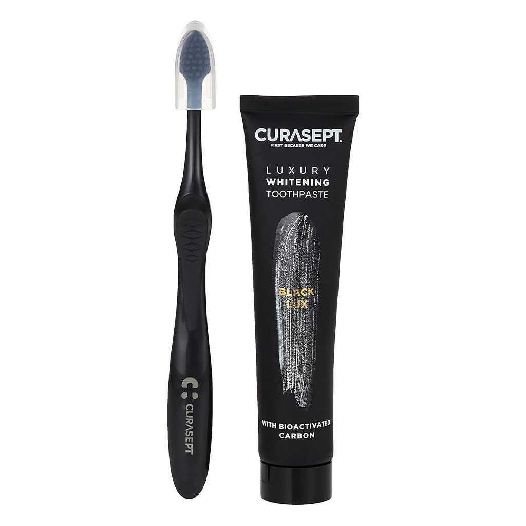 Curasept Black Luxury Whitening Toothpaste With Activated Carbon 75ml + Curasept Whitening Toothbrush, Pack of 2 pieces - Easy Pharmacy LLC