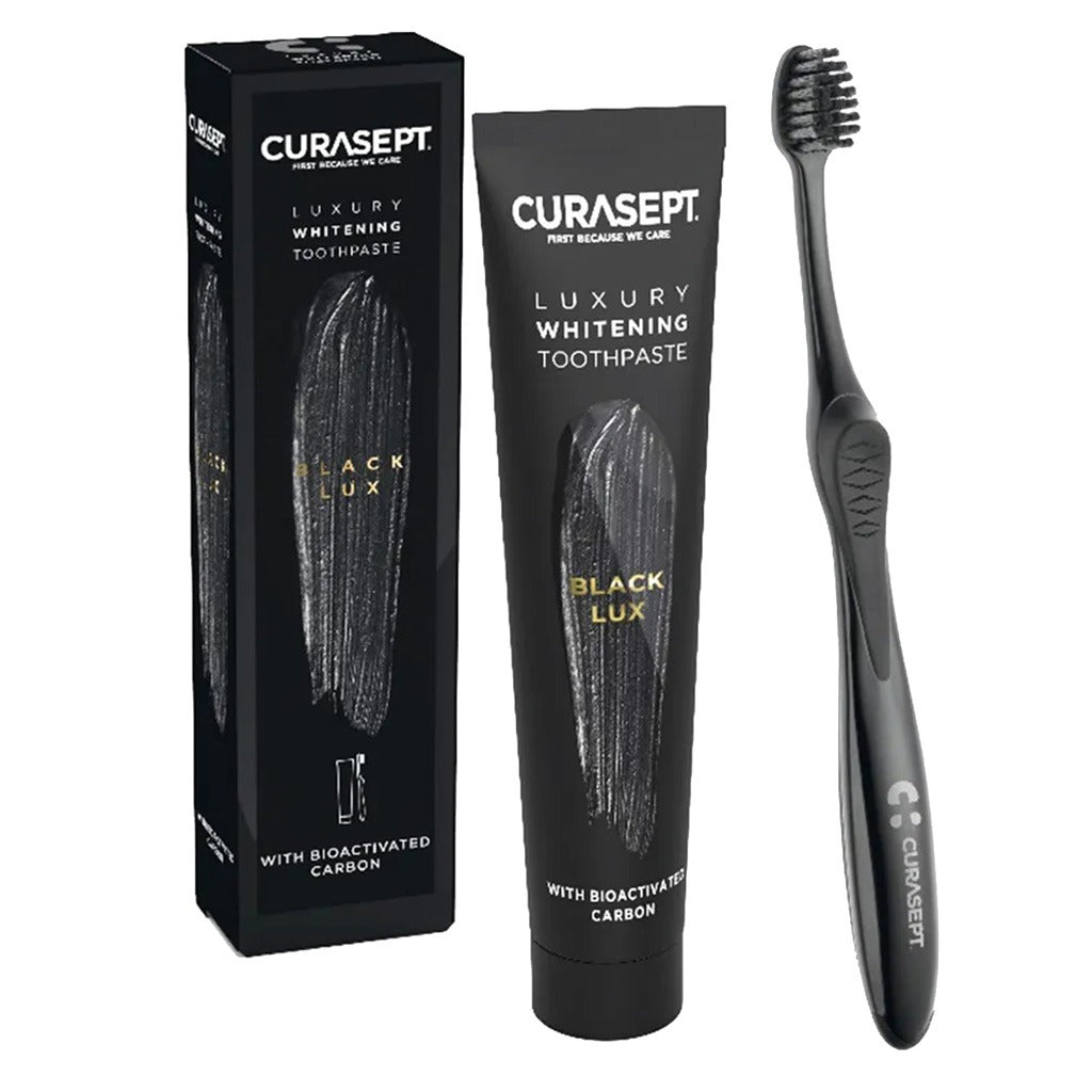 Curasept Black Luxury Whitening Toothpaste With Activated Carbon 75ml + Curasept Whitening Toothbrush, Pack of 2 pieces - Easy Pharmacy LLC