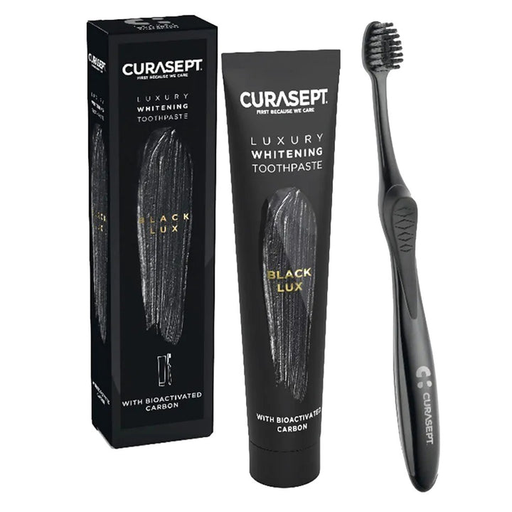 Curasept Black Luxury Whitening Toothpaste With Activated Carbon 75ml + Curasept Whitening Toothbrush, Pack of 2 pieces - Easy Pharmacy LLC