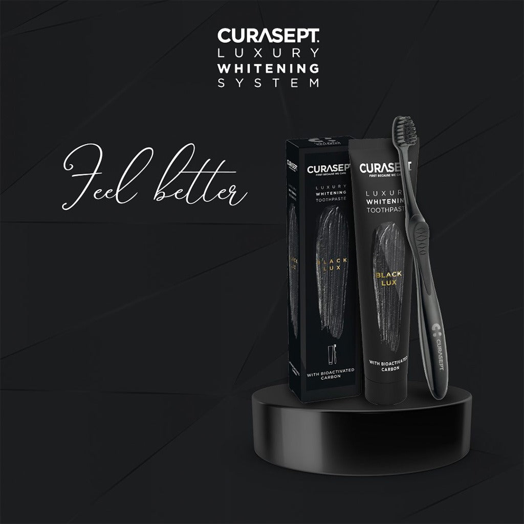 Curasept Black Luxury Whitening Toothpaste With Activated Carbon 75ml + Curasept Whitening Toothbrush, Pack of 2 pieces - Easy Pharmacy LLC