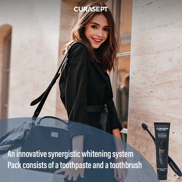 Curasept Black Luxury Whitening Toothpaste With Activated Carbon 75ml + Curasept Whitening Toothbrush, Pack of 2 pieces - Easy Pharmacy LLC