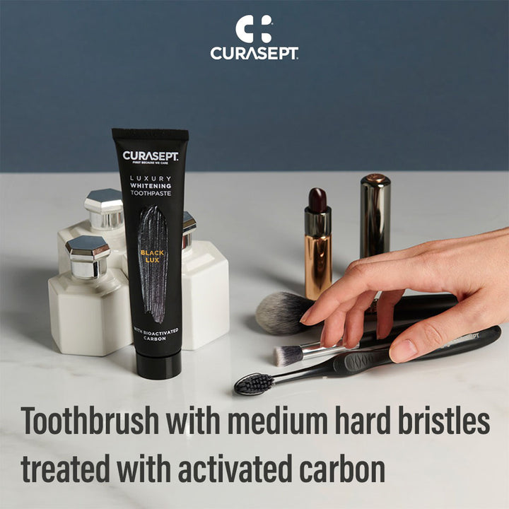 Curasept Black Luxury Whitening Toothpaste With Activated Carbon 75ml + Curasept Whitening Toothbrush, Pack of 2 pieces - Easy Pharmacy LLC