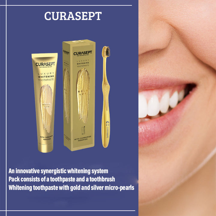 Curasept Gold Lux Luxury Whitening Toothpaste 75ml + Curasept Whitening Toothbrush, Pack of 2 pieces - Easy Pharmacy LLC