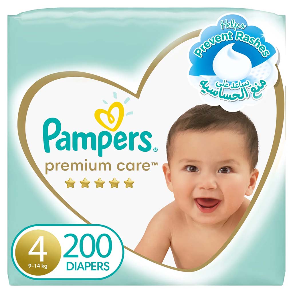 Pampers Premium Care Baby Diapers, Size 4, 9-14Kg, Value Pack of 200's - Easy Pharmacy LLC