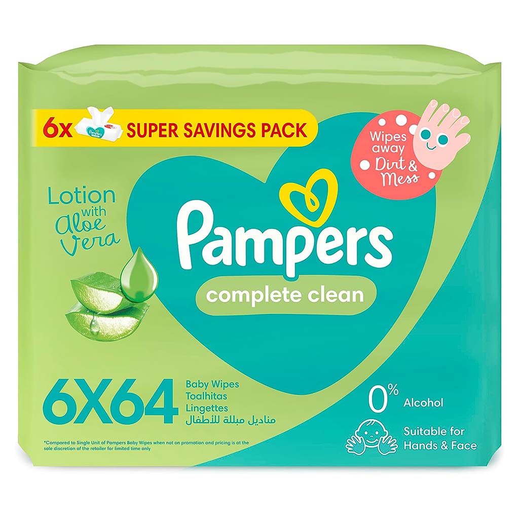 Pampers Complete Clean Baby Wet Wipes With Aloe Vera, Super Saving Pack of 6*64's - Easy Pharmacy LLC