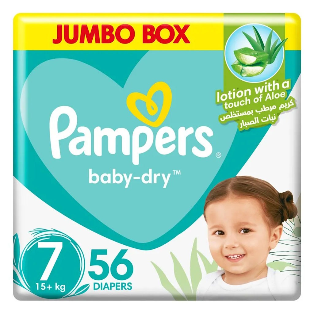 Pampers Baby-Dry Baby Diapers With Aloe Vera, Size 7, 15+Kg, Jumbo Pack of 56's - Easy Pharmacy LLC