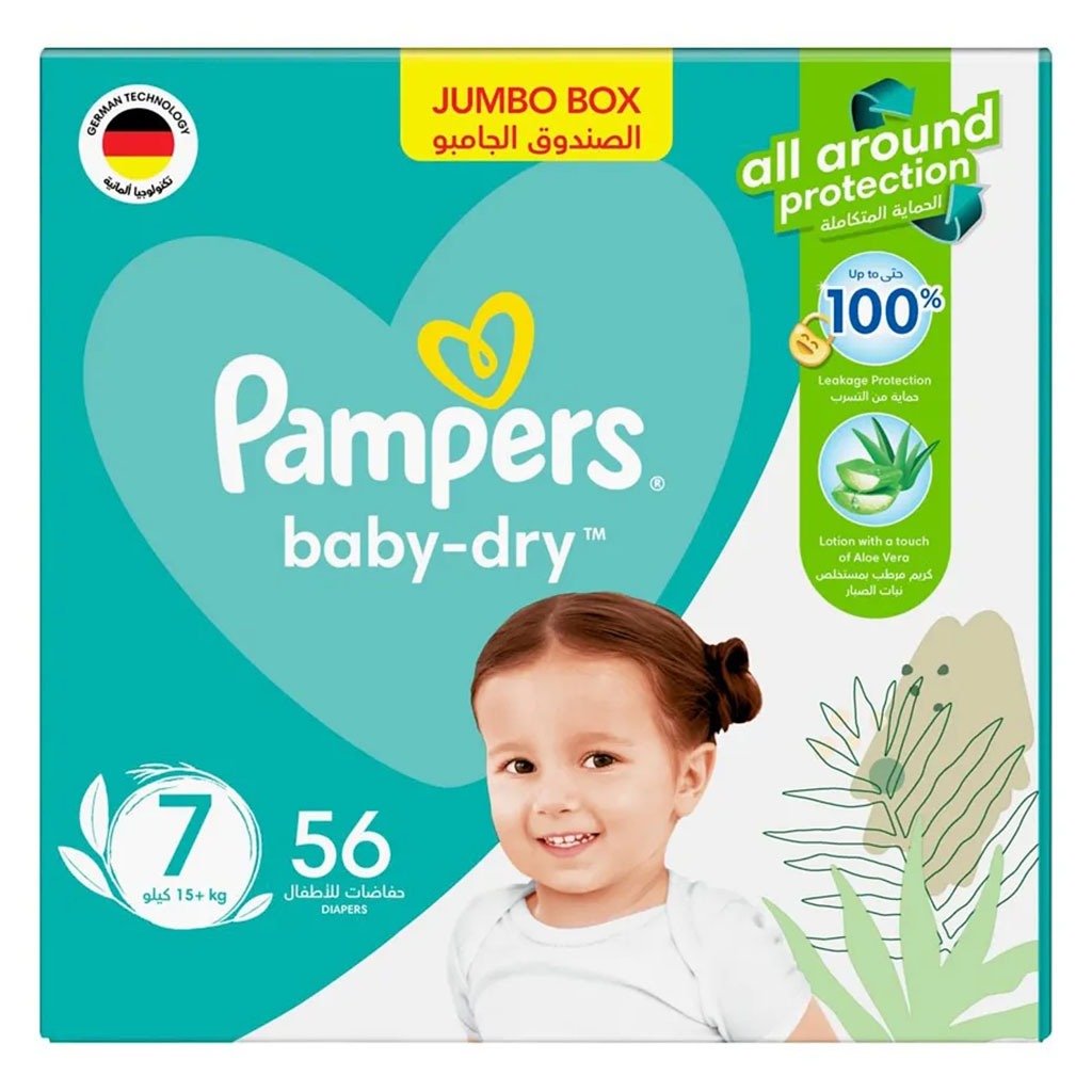 Pampers Baby-Dry Baby Diapers With Aloe Vera, Size 7, 15+Kg, Jumbo Pack of 56's - Easy Pharmacy LLC