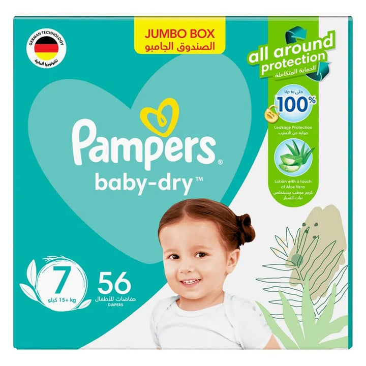 Pampers Baby-Dry Baby Diapers With Aloe Vera, Size 7, 15+Kg, Jumbo Pack of 56's - Easy Pharmacy LLC