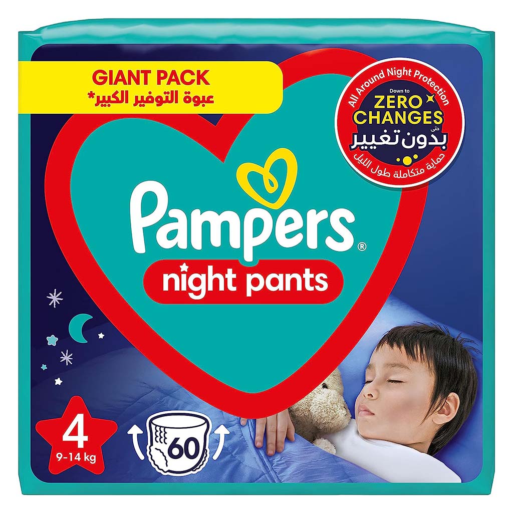 Pampers Night Baby Diaper Pants, Size 4, 9-14Kg, Giant Pack of 60's - Easy Pharmacy LLC