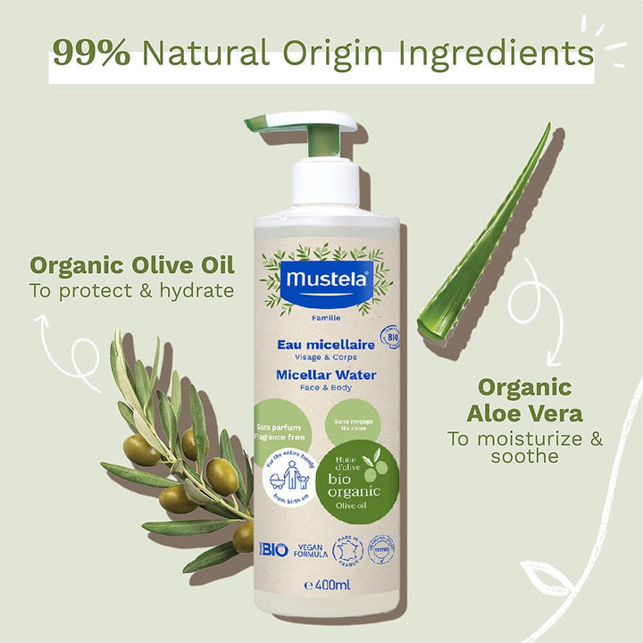 Mustela Bio Organic No-Rinse Fragrance-Free Baby Micellar Cleansing Water For Face And Body 400ml - Easy Pharmacy LLC
