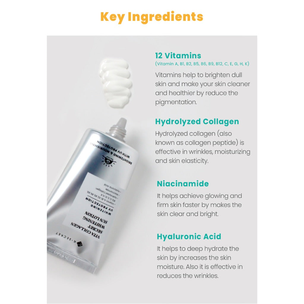 K-Secret Vita Collagen Secret Whitening UV Protection Sun Lotion With SPF 50+ & PA++++ 50ml - Easy Pharmacy LLC