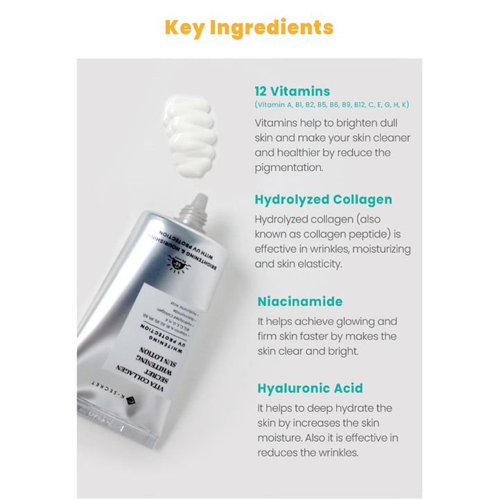 K-Secret Vita Collagen Secret Whitening UV Protection Sun Lotion With SPF 50+ & PA++++ 50ml - Easy Pharmacy LLC