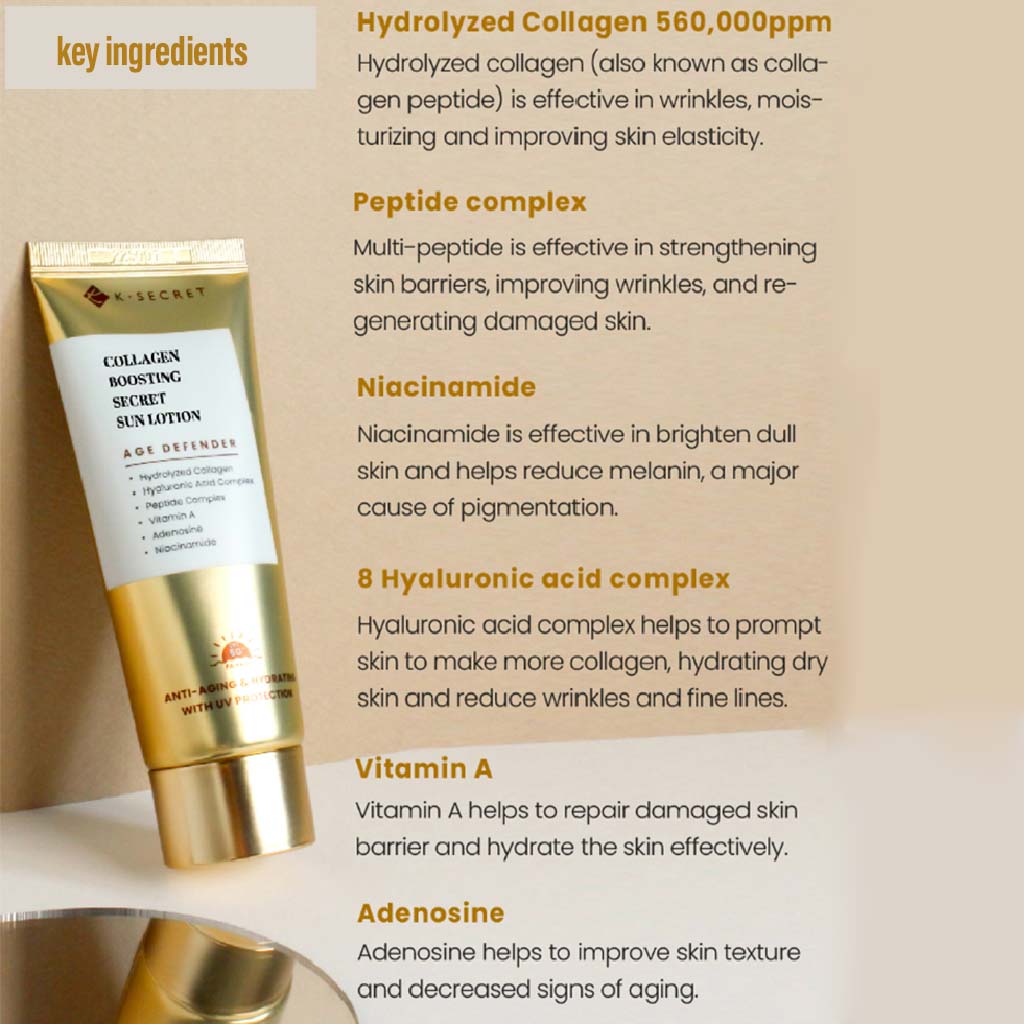 K-Secret Collagen Boosting Secret Age Defender Sun Lotion With SPF 50+ & PA++++ 60ml - Easy Pharmacy LLC