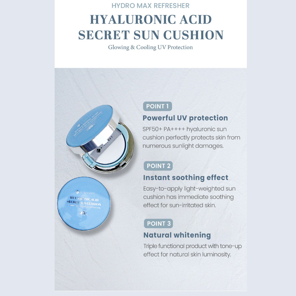 K-Secret Hyaluronic Acid Secret Glowing & Cooling UV Protection Sun Cushion With SPF 50+ & PA++++ 15g - Easy Pharmacy LLC