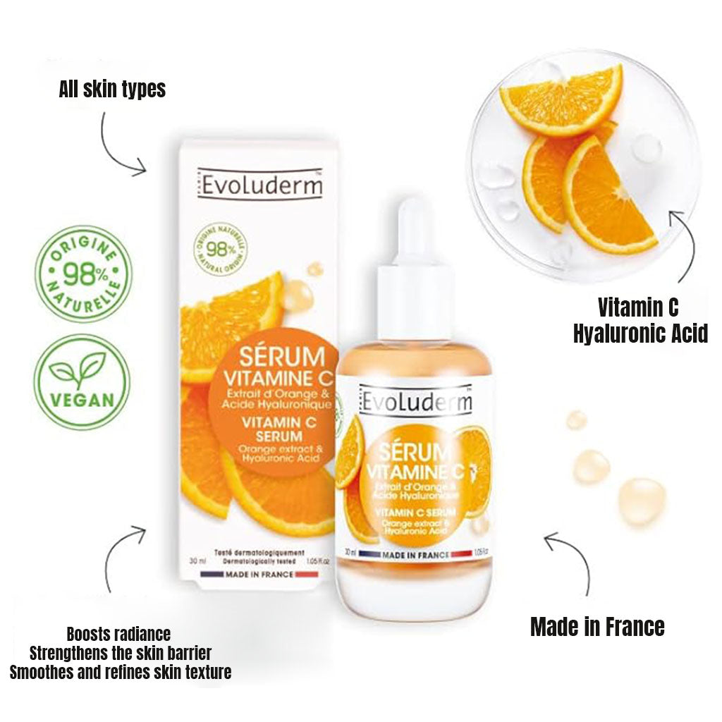 Evoluderm Vitamin C Face Serum With Orange Extract & Hyaluronic Acid For Skin Radiance & Hydration 30ml - Easy Pharmacy LLC