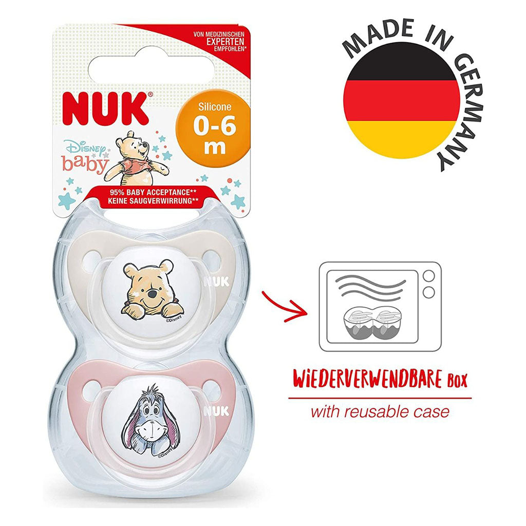 NUK Disney Winnie The Pooh Trendline Silicone Soother For 0-6 Months Baby, Assorted Pack of 2's - Easy Pharmacy LLC