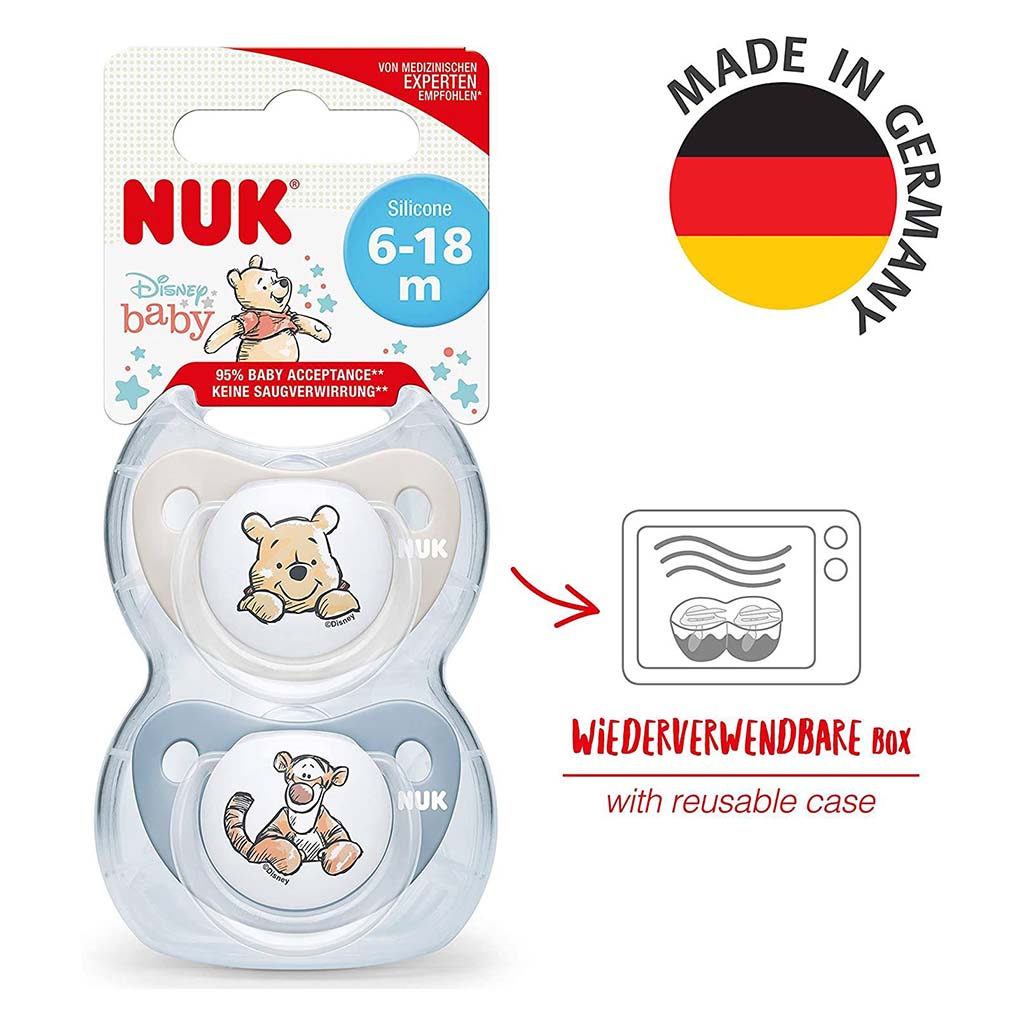 NUK Disney Winnie The Pooh Trendline Silicone Soother For 6-18 Months Baby, Pack of 2's, Assorted colures - Easy Pharmacy LLC