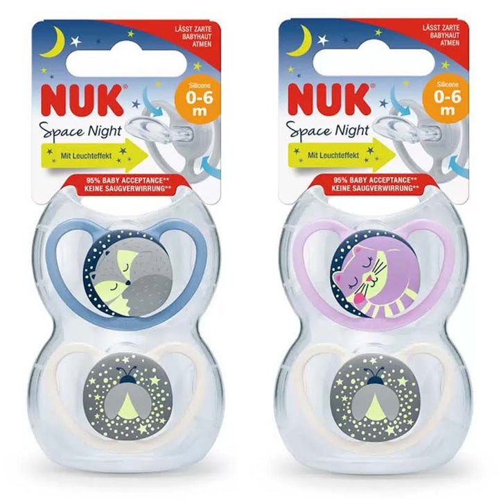 NUK Space Night Silicone Soothers For 0-6 Months Baby, Assorted Pack of 2's - Easy Pharmacy LLC