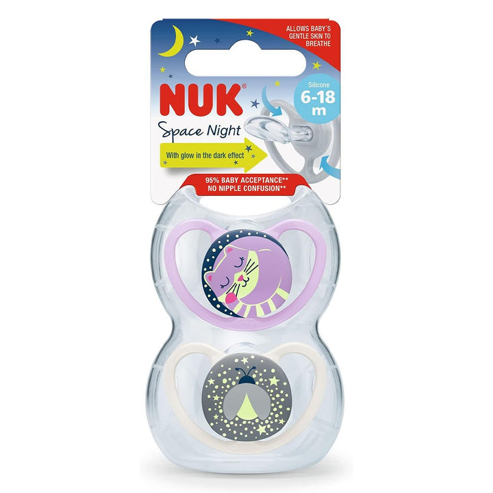 NUK Space Night Silicone Soothers For 6-18 Months Baby, Assorted Pack of 2's - Easy Pharmacy LLC