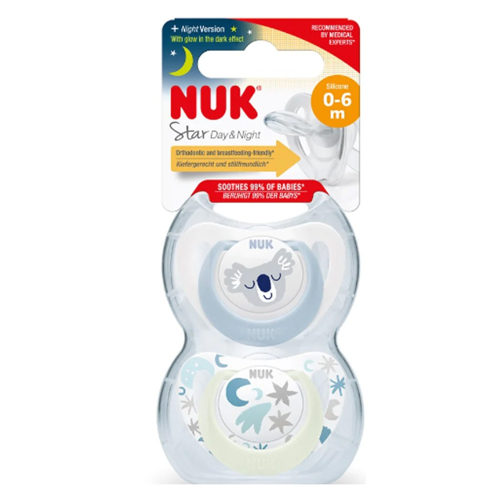 NUK Star Day & Night Silicone Soothers For 0-6 Months Baby, Assorted Pack of 2's - Easy Pharmacy LLC