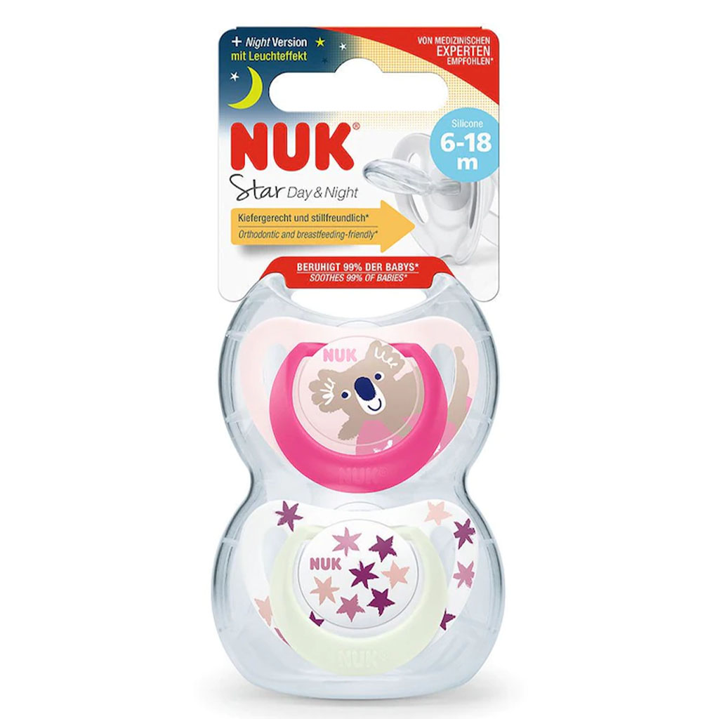 NUK Star Day & Night Silicone Soothers For 6-18 Months Baby, Assorted Pack of 2's - Easy Pharmacy LLC