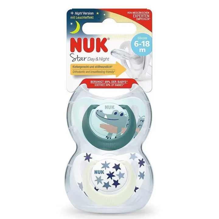 NUK Star Day & Night Silicone Soothers For 6-18 Months Baby, Assorted Pack of 2's - Easy Pharmacy LLC